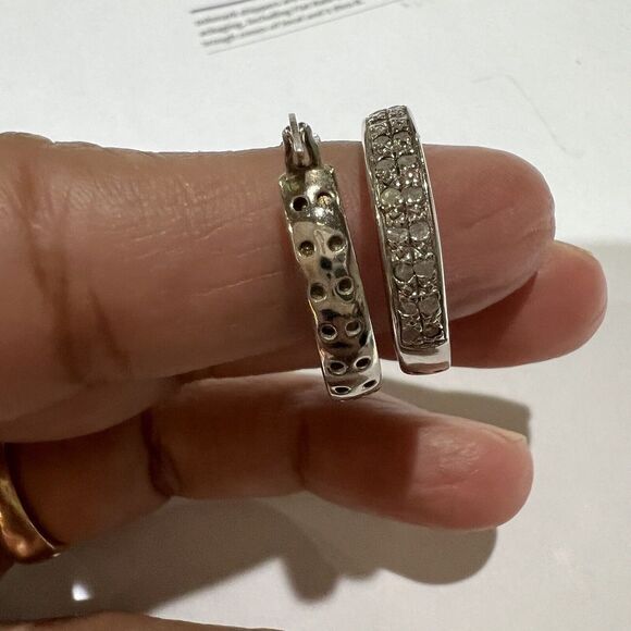 DBJ Natural Diamond Mini 22mm Hoop Earrings 925 Sterling Silver - Picture 9 of 9